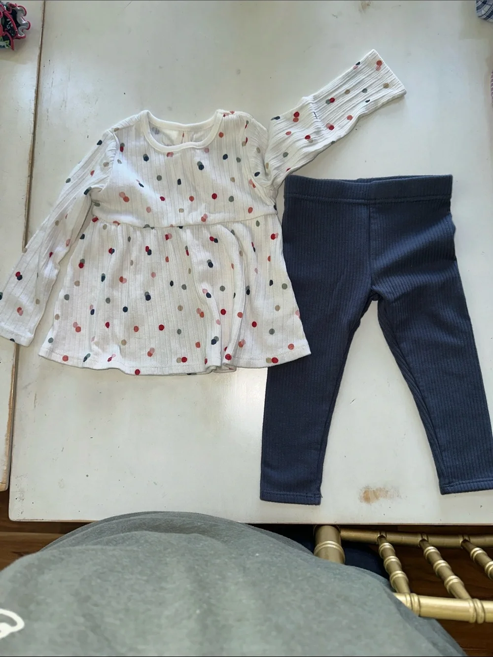 Garanimals White Peplum Top with Multicolor Dots & Navy Ribbed Leggings